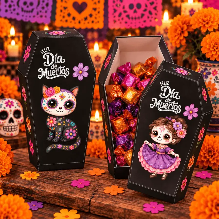 Cajitas dulceras tipo ataúd de gatita catrina y catrinita