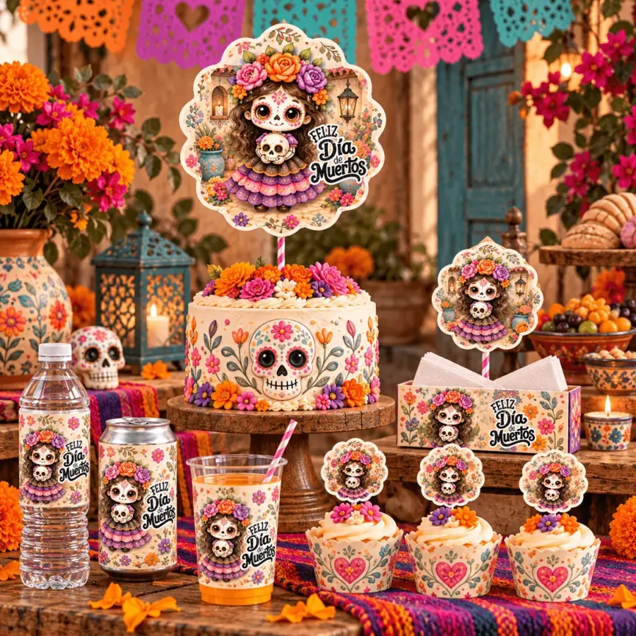 Kit de fiesta de catrinita: topper de pastel, cupcakes y etiquetas