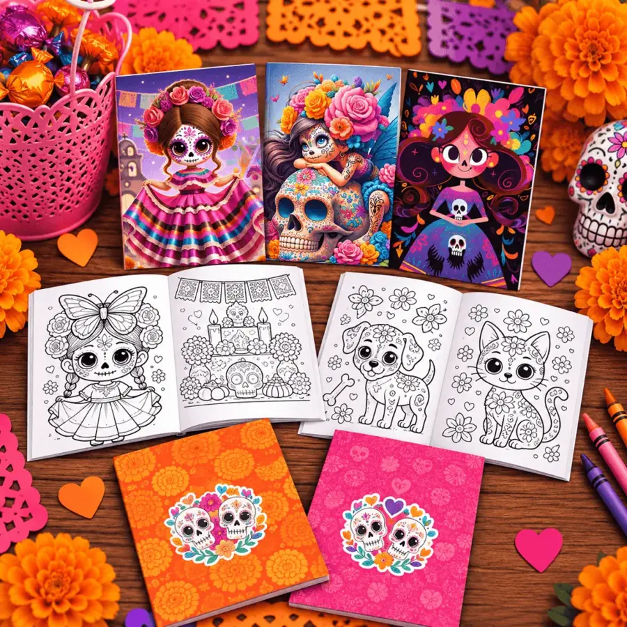 Libros para colorear de catrinas, mascotas y altar