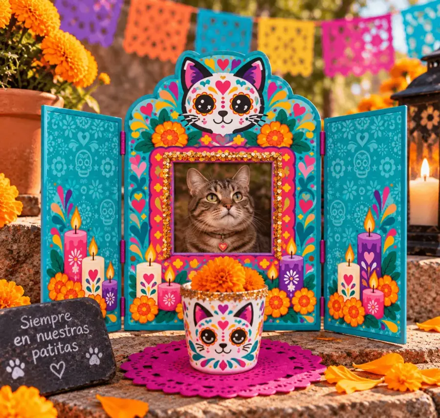 Altar tríptico para mascota con foto de un gatito