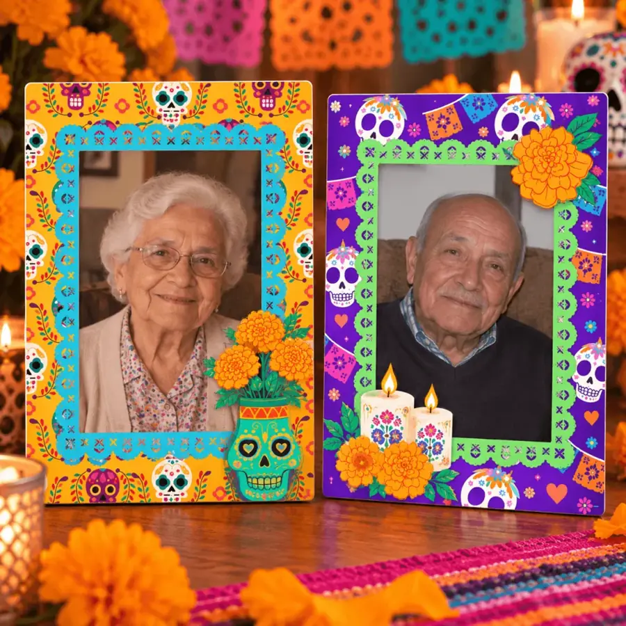 Portarretratos de Día de Muertos con fotos de los abuelos