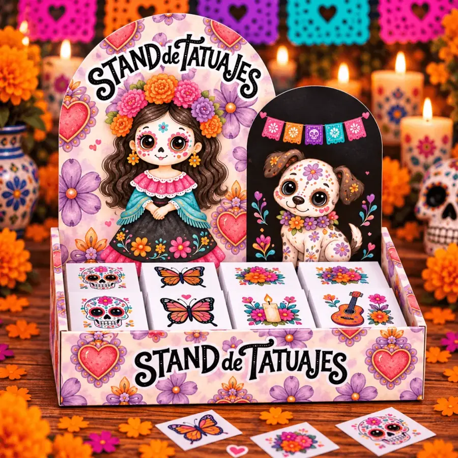 Stand de tatuajes de catrinita y perrito catrín