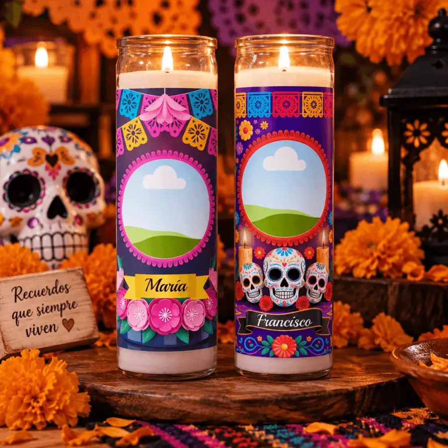 Veladoras de Día de Muertos personalizadas con foto y nombre