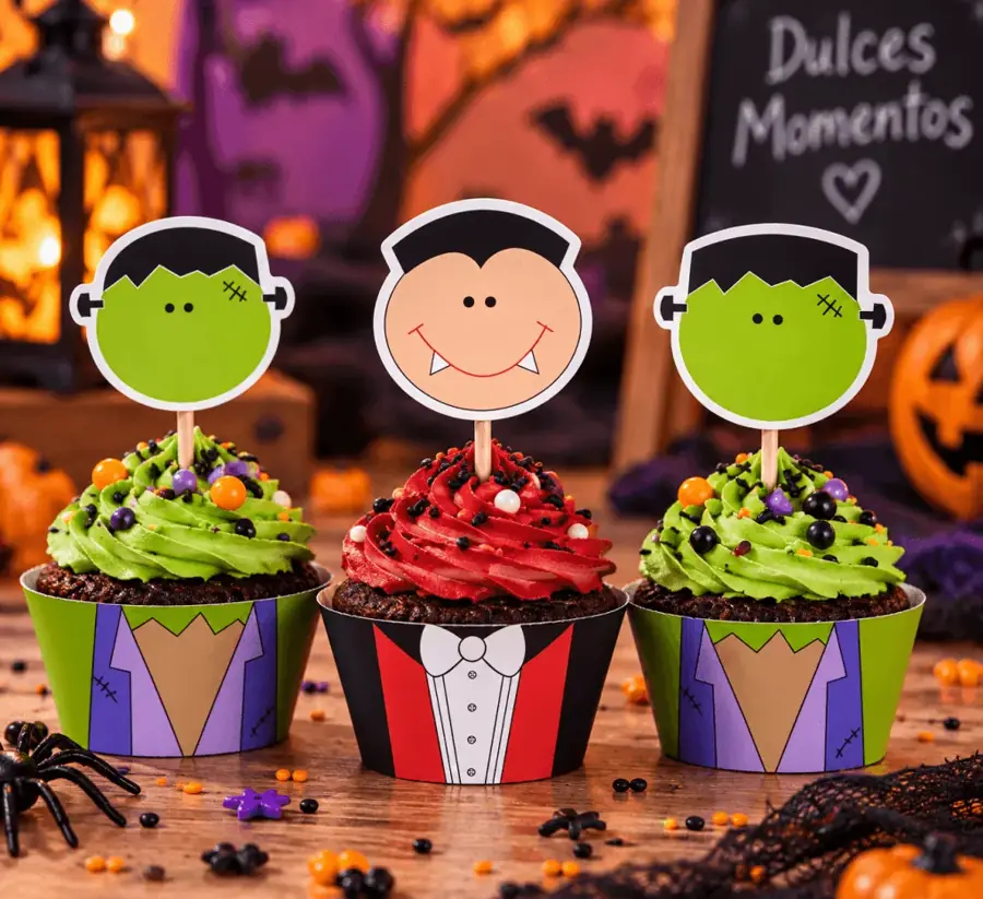 Toppers y wrappers para cupcakes de Frankenstein y Drácula