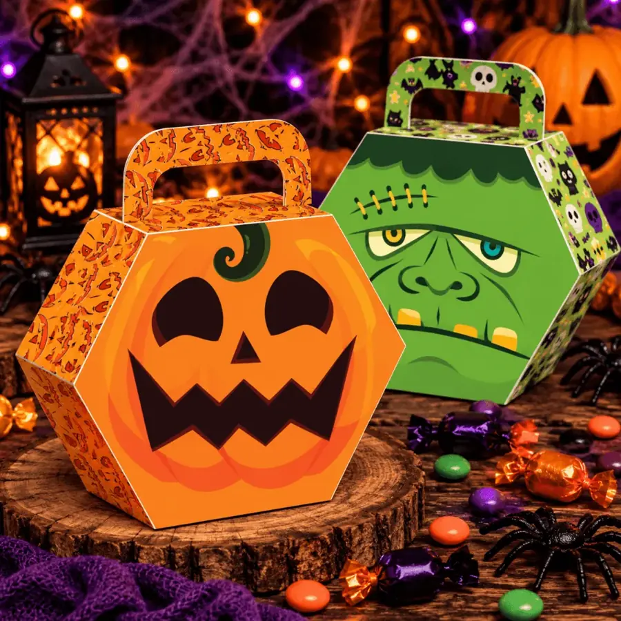 Cajitas hexagonales de calabaza y Frankenstein