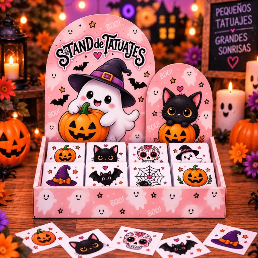 Stand de tatuajes rosa con fantasmita y gato negro